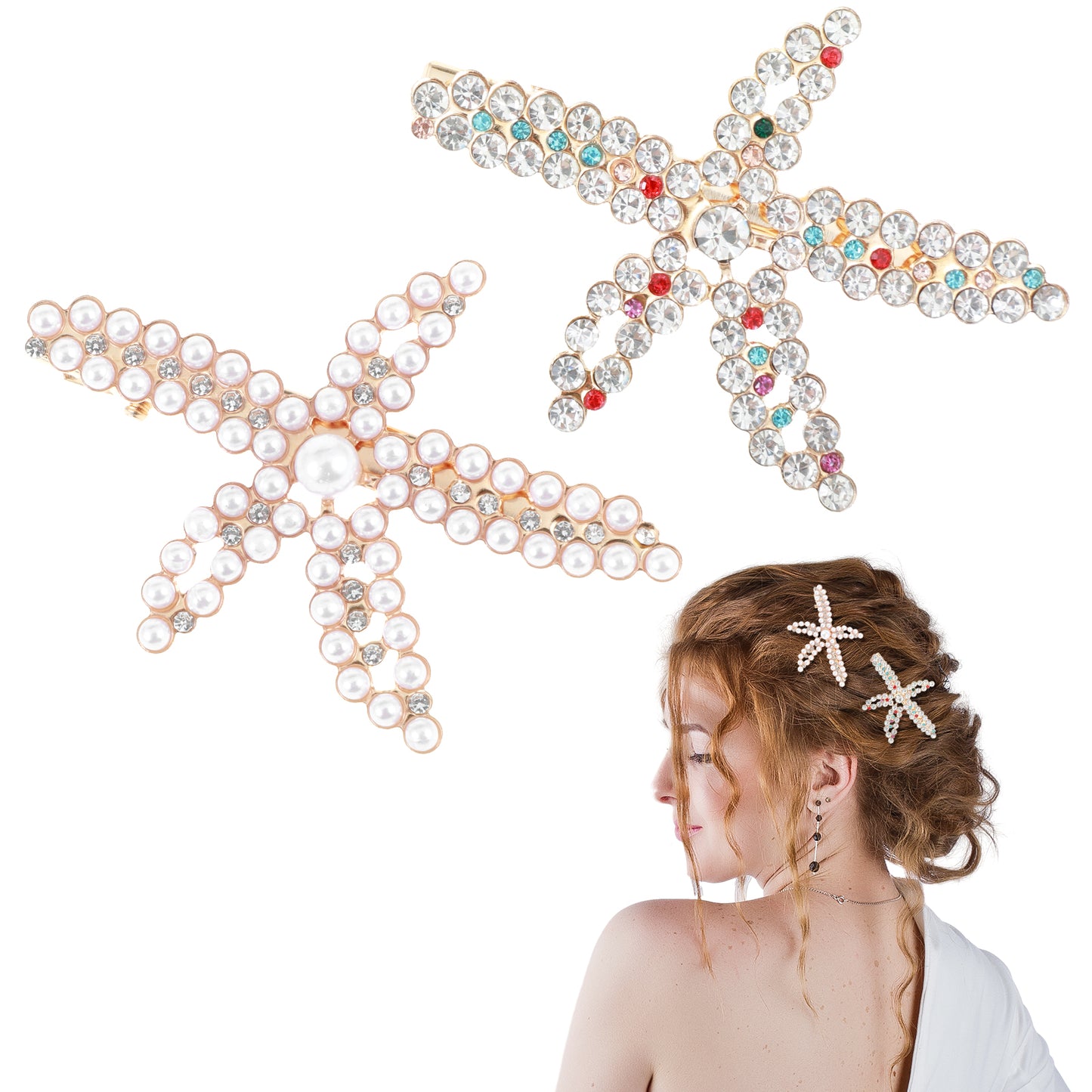 2 PCS Starfish Hair Clip Gold Mermaid Hair Clips Seashell Clips for Hairs Mermaid Costume Rhinestone Hairs Clip for Women Girls Mermaids Halloween Beach Costume (2.56 × 1.85 Inches)