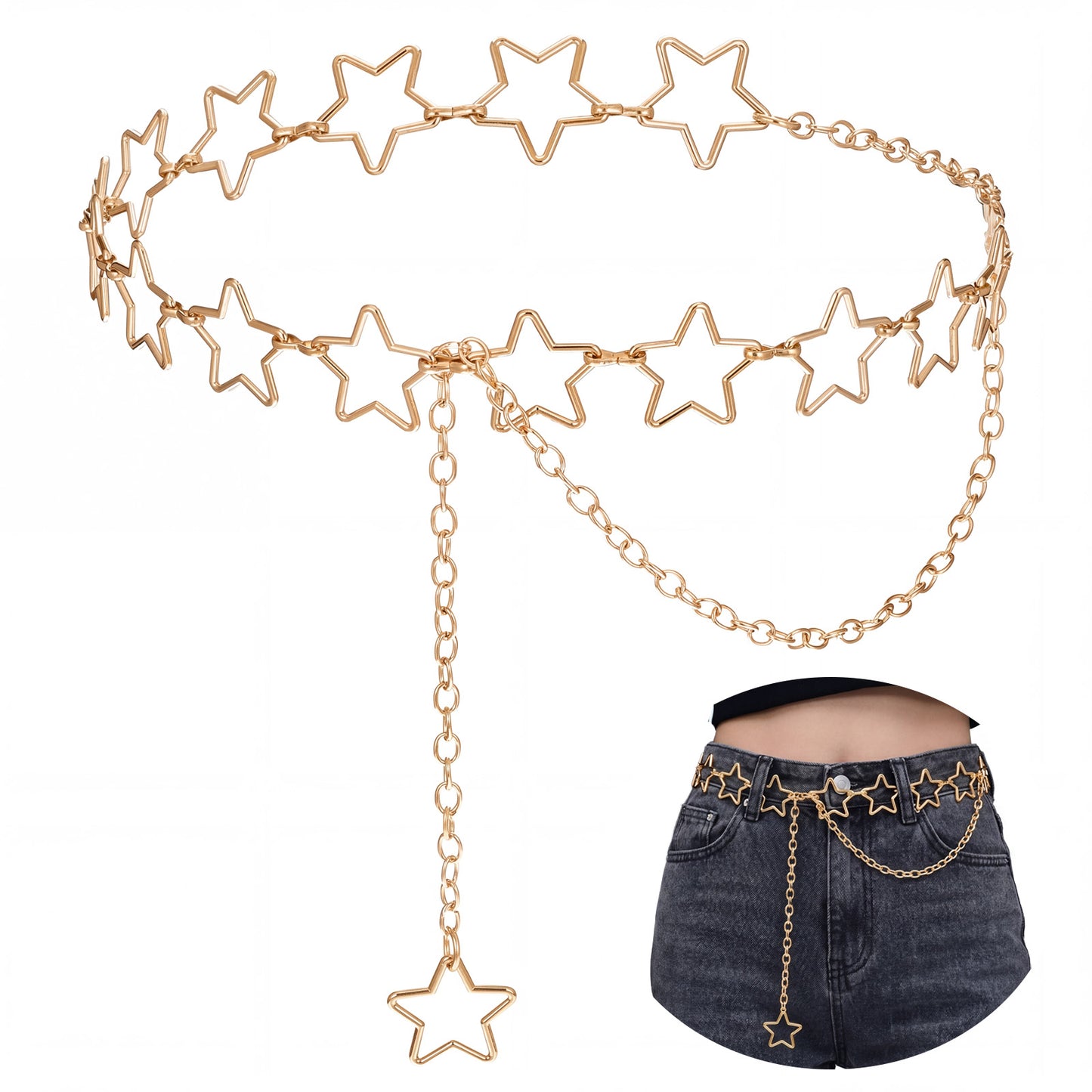 Nogeqi Star Waist Chain Belt, Adjustable Plus Size Gold Belt Chain, Decorative Y2k Metal Belts Accessories for Women Girls Jeans Casual Pants Dresses Skirts