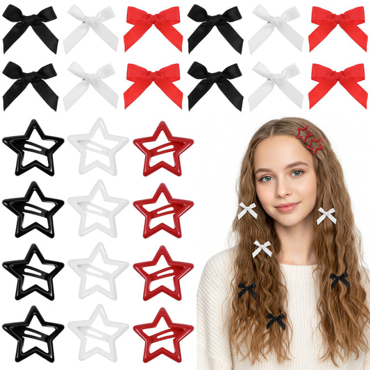 24PCS Hairbows and Star Hair Clips, 3 Colors Cute Mini Silky Satin Ribbon Hair Bows Clip, Y2k Stars Bow Hairs Barrettes Non-slip Metal Snap Hairs Accessoriesfor Women Girls(Red/Black/White)