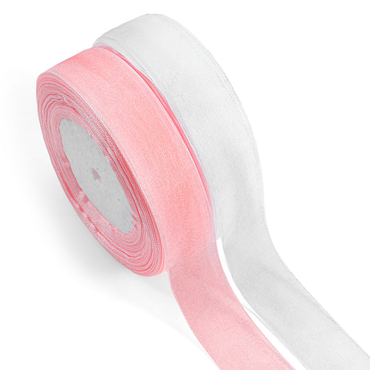 2PCS Sheer Organza Ribbon Pink & White Ribbon 1 Inch X Continuous 100 Yard Organza Chiffon Tulle Ribbons Double Faced Pink Rose Ribbons for Wedding Bows Crafts Flower Bouquet Gift Decorations