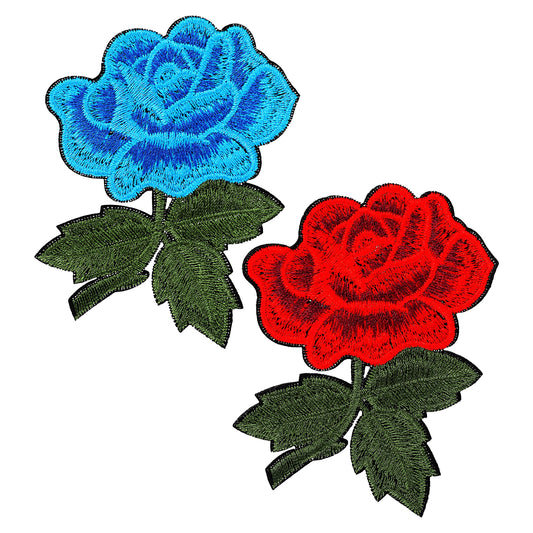 Ymapinc 2pcs Iron On Flower Patches, Red and Blue Rose Cool Embroidery Appliques for Sewing Clothes Hats Bags Jeans Pants Jackets Decor