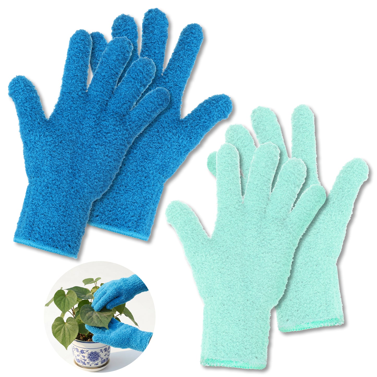 Nogeqi 2 Pairs Microfiber Gloves, Reusable Dusting Gloves, Washable Microfiber Dusting Mitt for Plants Cars House Furniture Blinds Kitchen and Small Objects Cleaning (Mint Green, Royal Blue)