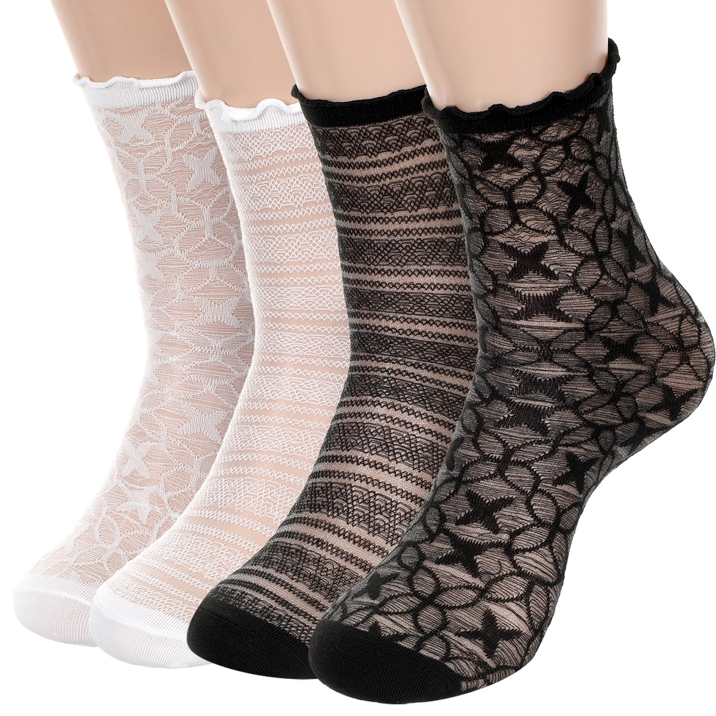 Nogeqi 4 Pair Ruffle Socks Women, Lace Ruffle Socks, Thin Frilly Socks Women with Mesh,Summer Ultra Thin Cool Frilly Ankle Socks for Women(Black White)