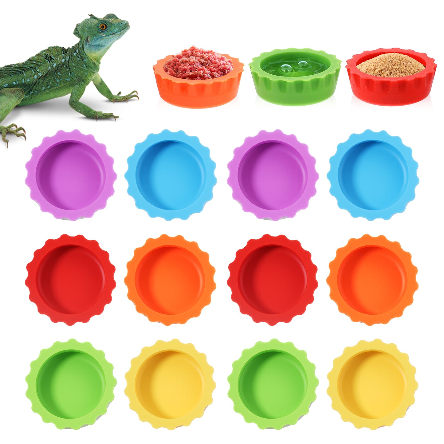 12 Pack Crested Gecko Food Dish Small Silicone Reptile Feeding Cups Water Bowl, Easy Clean Crested Gecko Tank Accessories for Hermit Crab, Tarantula, Isopods, Snails and Lizard(6 Colors)