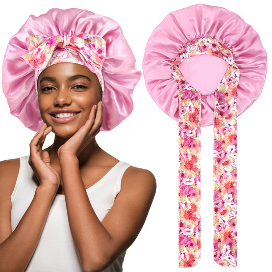 Tyqour Silk Bonnet with Tie Curly Hair Bonnet for Sleeping Double Layer Satin Sleep Bonnet Adjustable Satin Hair Wrap Night Sleep Caps for Women(Pink)