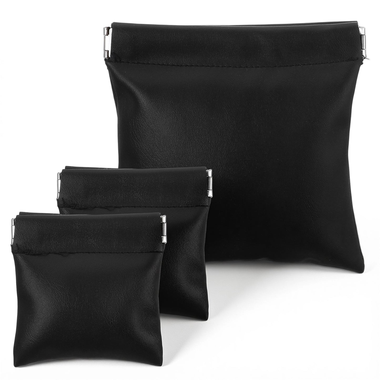 3 Pcs Squeeze Coin Purse Set PU Leather Change Holder Self-Closing Coin Pouch for Men No Zipper Small Change Purse Black Portable Small Makeup Bag Storage Travel fit Cosmetics Headphones Jewelry Women