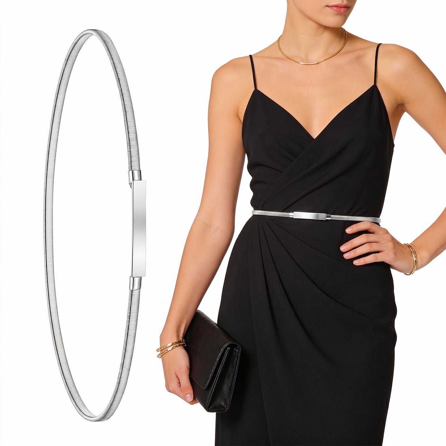Mabor Waist Belt for Women, Thin Metallic Chain Dress Belt Adjustable Stretch Waist Accessory for Dresses Sweaters Skirts Party Outfit Styling, Silver