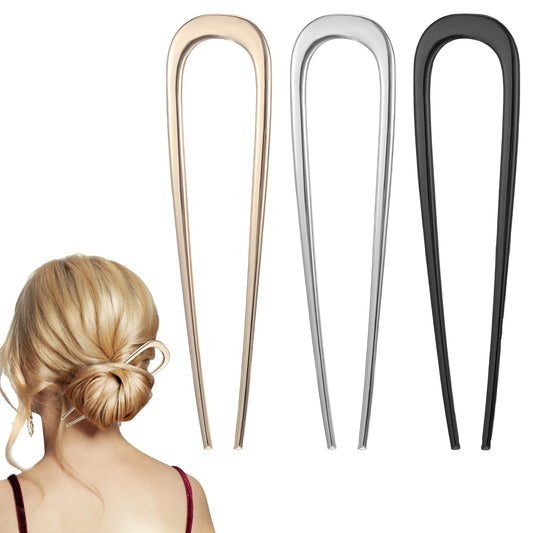 3 Pack French Hair Pin, U-Shaped Hair Pins for Women, Vintage French Twist Hair Pin, Metal Hair Sticks for Buns, Chignons, Updos, Elegant Hair Accessories for Thick Fine Hair (Gold Silver Black)