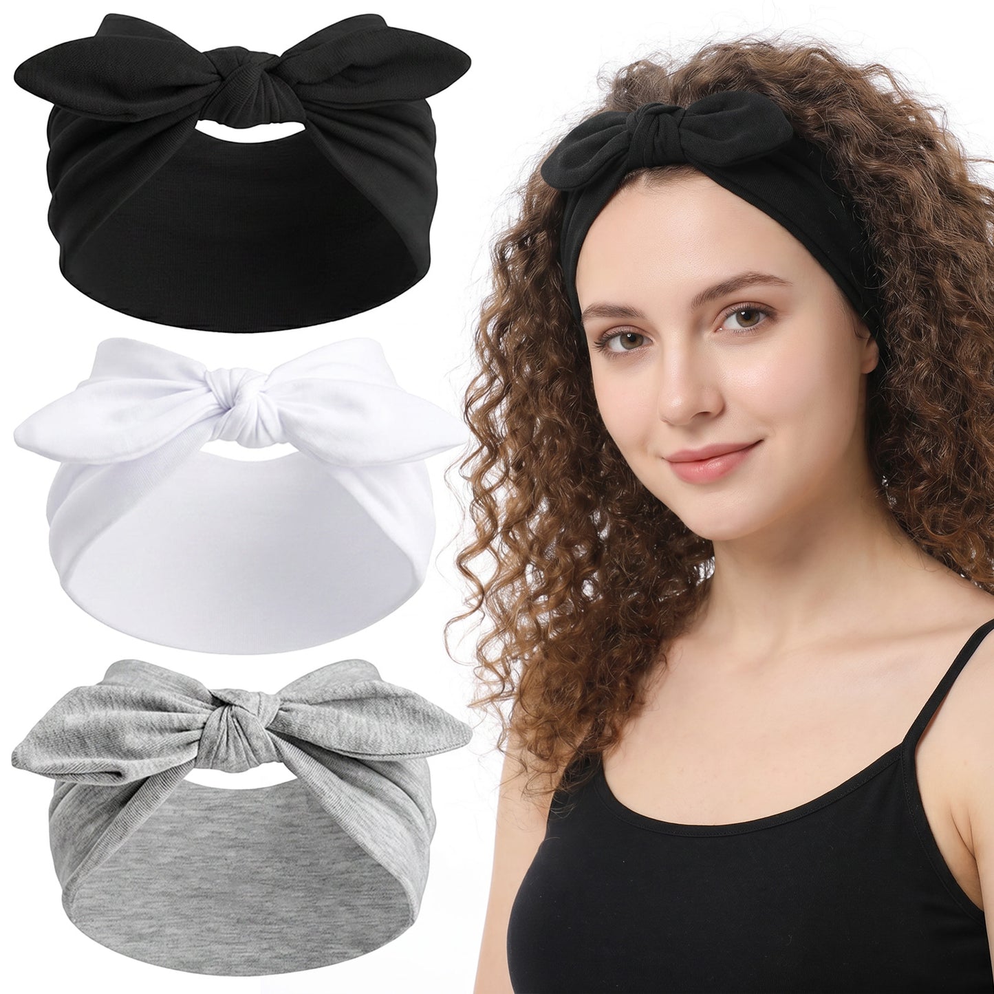 Mabor 3 Pcs Bow Headbands for Women, Wide Stretchy Hair Band Set, Non Slip Turban Hair Wrap for Yoga Workout, Black White Gray