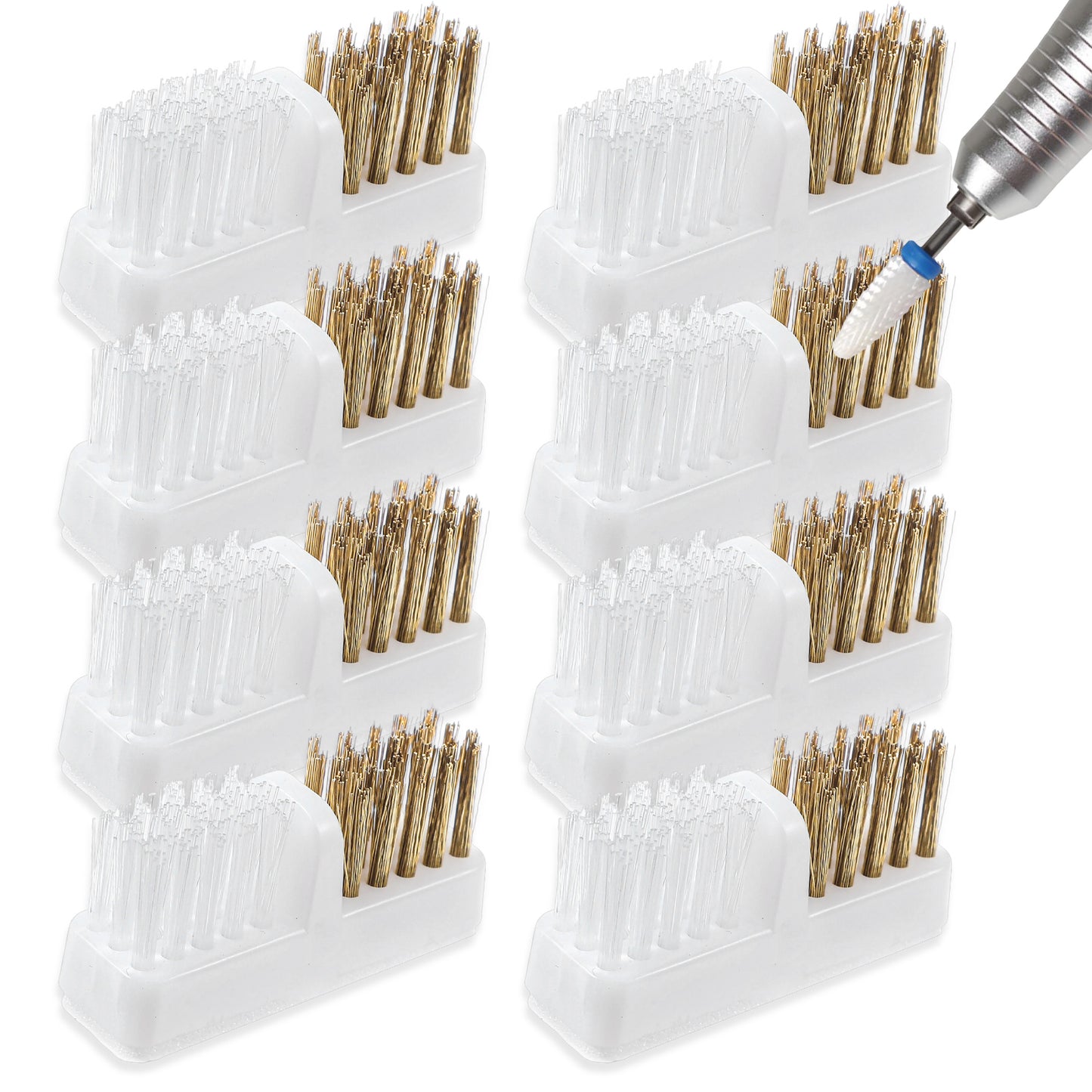 Xinjoduz 8 PCS Nail Drill Bit Wire Cleaner Brush Art Nail Bit Cleaning Tool Set with Double Brushes Nails Tech Essentials Accessories for Salon and Home Use (Gold White)