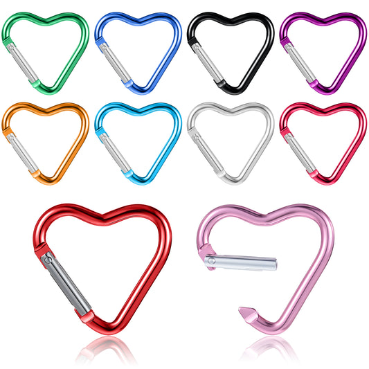 10PCS Cute Heart Carabiner Metal Heart Shaped Backpack Clips Key Ring Climbing Buckle Heart Keychain Clip for Dog Leash Water Bottle Holder Spring Snap Clips Keys(10 Colors)
