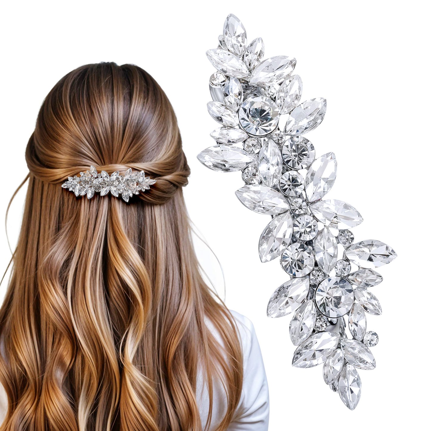 Sorcristy Rhinestone Hair Clip Crystal French Barrette Clips for Women Bride Sparkly Silver Bridal Hair Accessories Flower Hairs Barrettes for Wedding, Prom, Long Hairs