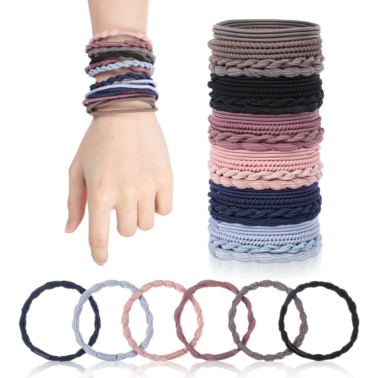 24PCS Ponytail Holders for Thick & Thin Hair, Multicolor Boho Seamless Elastic Hair Ties No Damage Elastics Soft Rubber Bands Hairties for Women Girls, Light Blue/Blue/Gray/Skin/Gray/Coffee