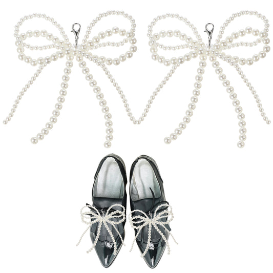 2 Pcs Shoe Charms For Sneakers Pearls Bowknot Sneaker Charms Shoe Lace Charms Sneakers Elegant Pearl Buckle Beaded Chain Dress Shoe Sneaker Accessories For Women Girl Diy Casual Shoe Lace(White)