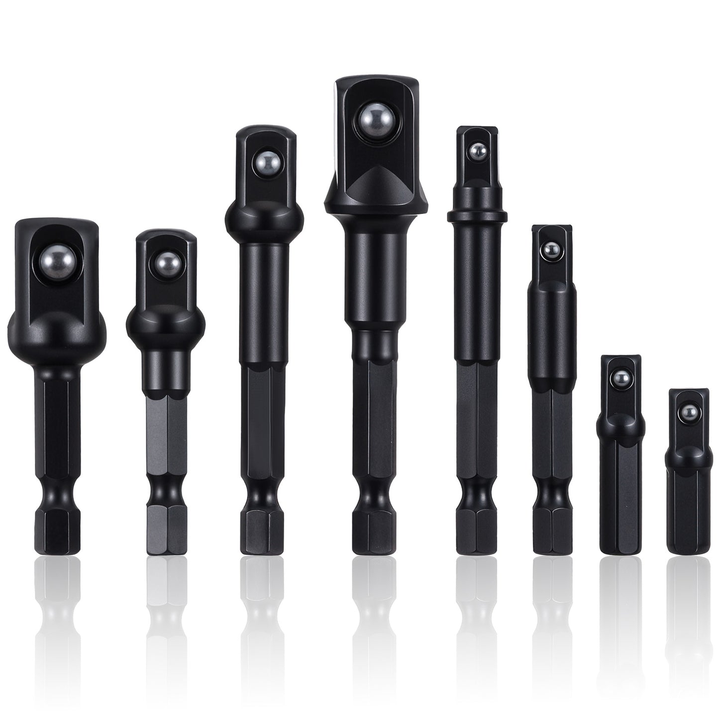 Xindojuz 8 PCS Square Impact Socket Adapter Set, 1/4" 3/8" 1/2" Drive Adapter, for Hex Impact Driver Power Bits, Automotive DIY, Extension Socket Bits, Handle Nut Driver and Drills (Black)