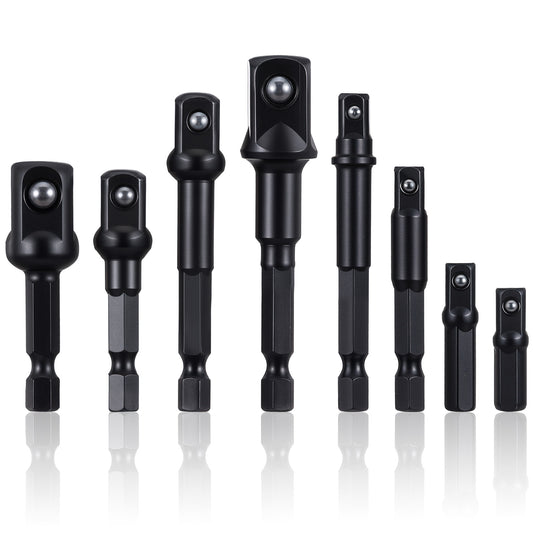 Xindojuz 8 PCS Square Impact Socket Adapter Set, 1/4" 3/8" 1/2" Drive Adapter, for Hex Impact Driver Power Bits, Automotive DIY, Extension Socket Bits, Handle Nut Driver and Drills (Black)