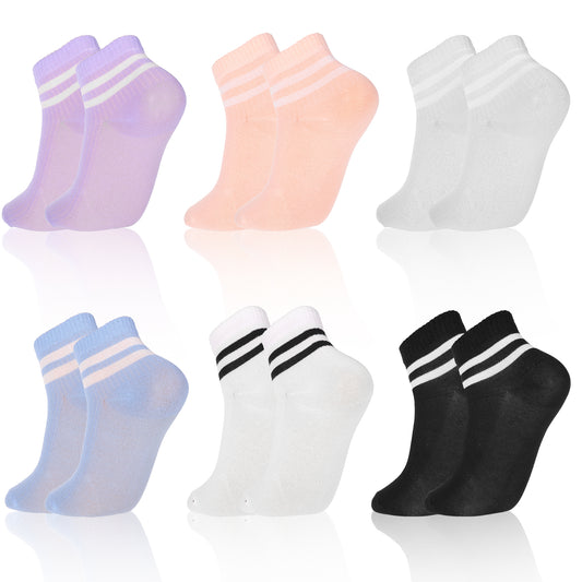 Tyqour 6 Pairs Solid Striped Crew Socks Women Color Multi Stripe Crew Socks for Women Athletic Vintage Womens Tube Socks Cute Ankle Socks for Women All Season Socks for Women Men Teens