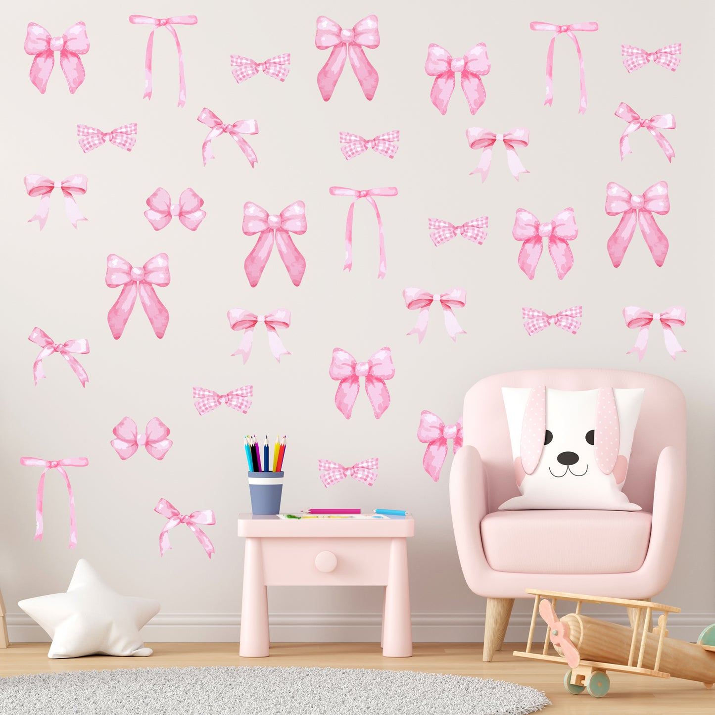 Pink Bow Wall Stickers 8 Sheets Light Pink Bow Knot Wall Decals Coquette Aesthetic Room Decor Peel and Stick Pink Bow Room Decor for Nursery Bedroom Living Room, 11.81 X 7.87 Inches