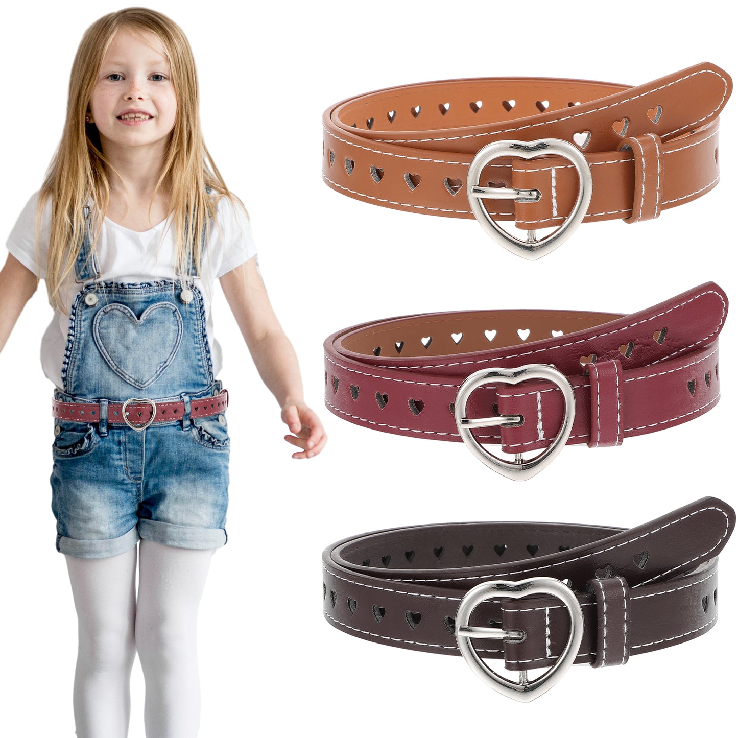 Teaaha 3 PCS Girls Belt Elastic PU Leather Belts with Cute Hollow Heart Shape,Silver Metal Buckle Adjustable Waist Belt for Kids Dress Pants Jeans (Camel/Red/Brown)