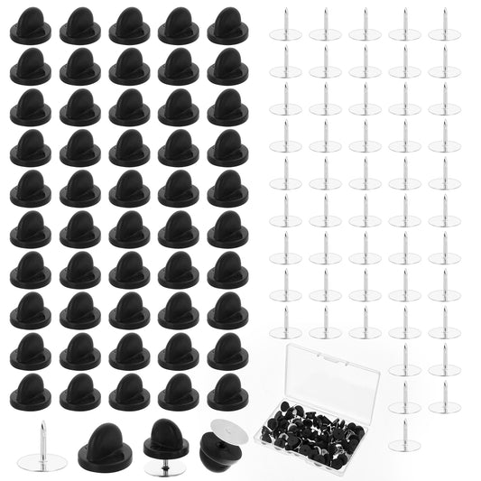 Xinjoduz 50 Pairs Rubber Pin Backs, Black Butterfly Clutch Pin Backings with 10mm Tie Tacks Blank Pins Round Pin Backs Locking Pin Holder Keepers Brooch Pin Backs Replacement for Crafts Making