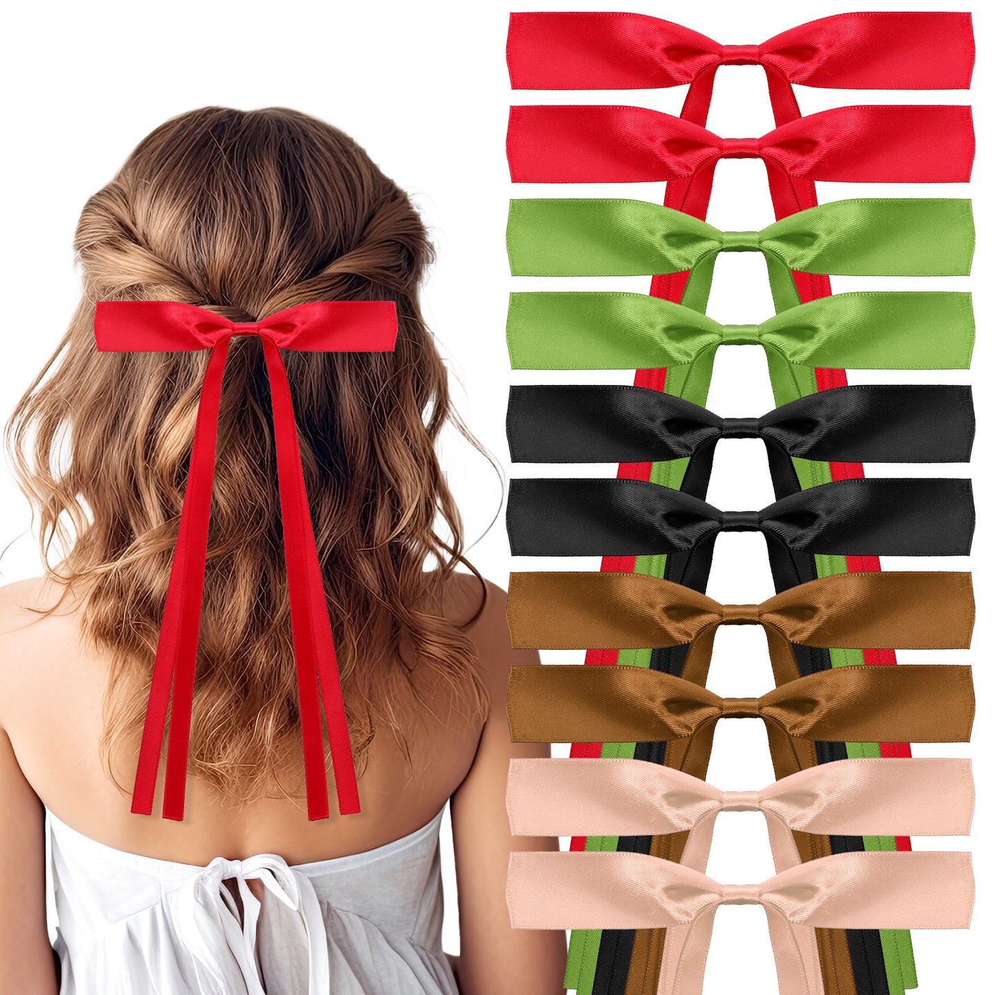Xindojuz 10 Pcs Hair Ribbons for Women, Black Silky Satin Bow Hair Clips with Long Tail Cute Red Ponytail Holder Hairs Barrettes Accessories for Women and Girls (5 Colors)