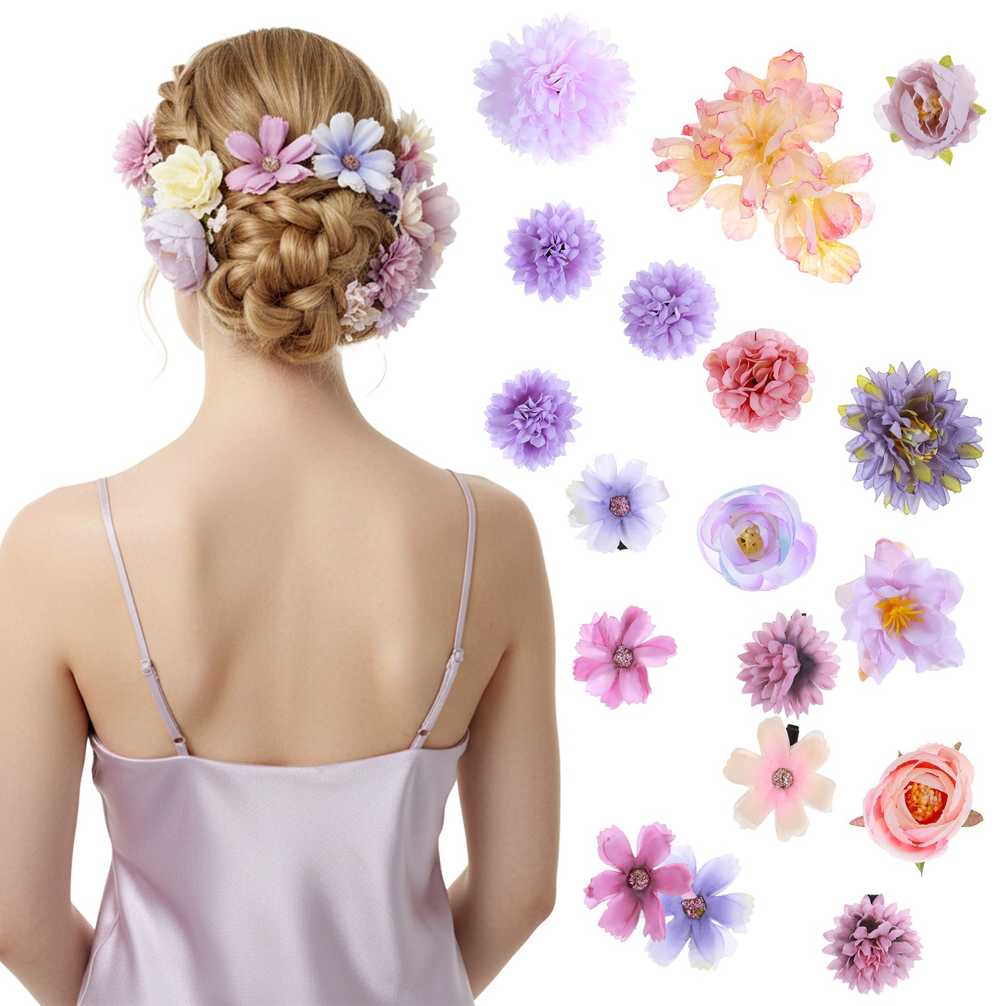 Nogeqi 17 Pcs Silk Flower Hair Clips for Women Purple Hair Flower Clips Floral Hairs Barrettes Flowers Hairs Accessories for Bride Wedding