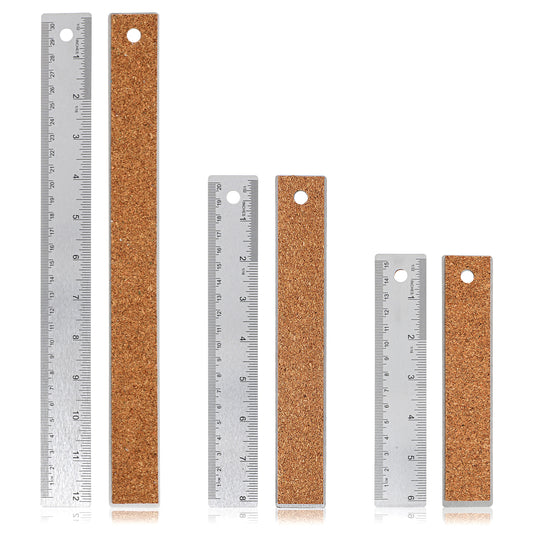 3 Pcs 6/8/12 Inch Metal Ruler Stainless Steel Metal Ruler with Cork Backing Non-Slip Rulers with Inch and Centimeters Straight Edge Cork Base Rulers for Student School Office Drafting Tools Silver