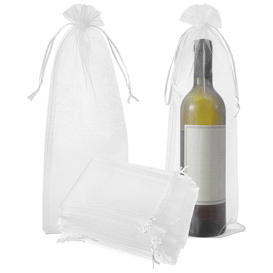 15 PCS White Organza Wine Bottle Gift Bags, Sheer Mesh Wine Jewelry Bags with Drawstrings Ropes, Pouches Bottle Covers for Travel Wedding Festival Party Favors Christmas Candle Sachet Bag (40×15 cm)