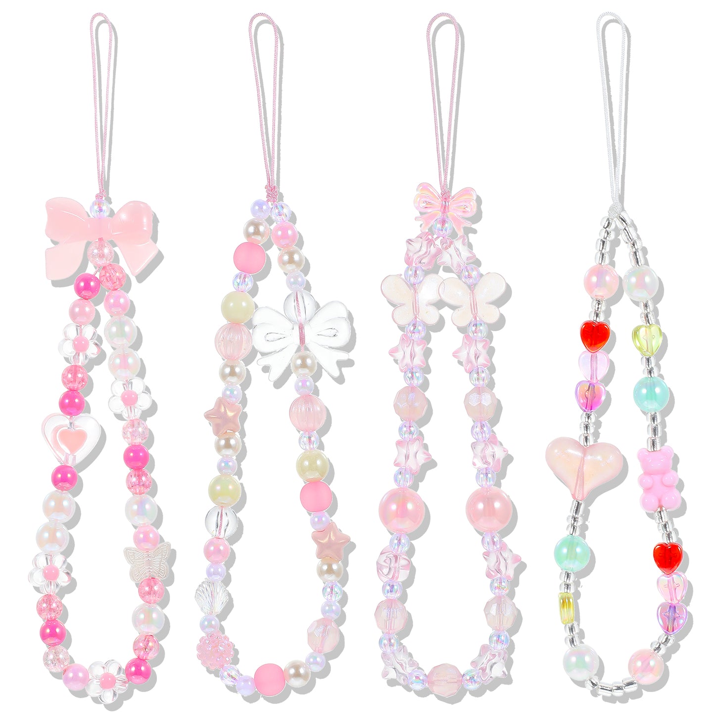4 Pcs Pink Bow Phone Charm Cute Beaded Wrist Strap Aesthetic Y2K Cell Keychain for Mobile Phones Bag Camera Pendants Decor Wallet Keychain Women Festival Gifts 7.87 Inches Polyester