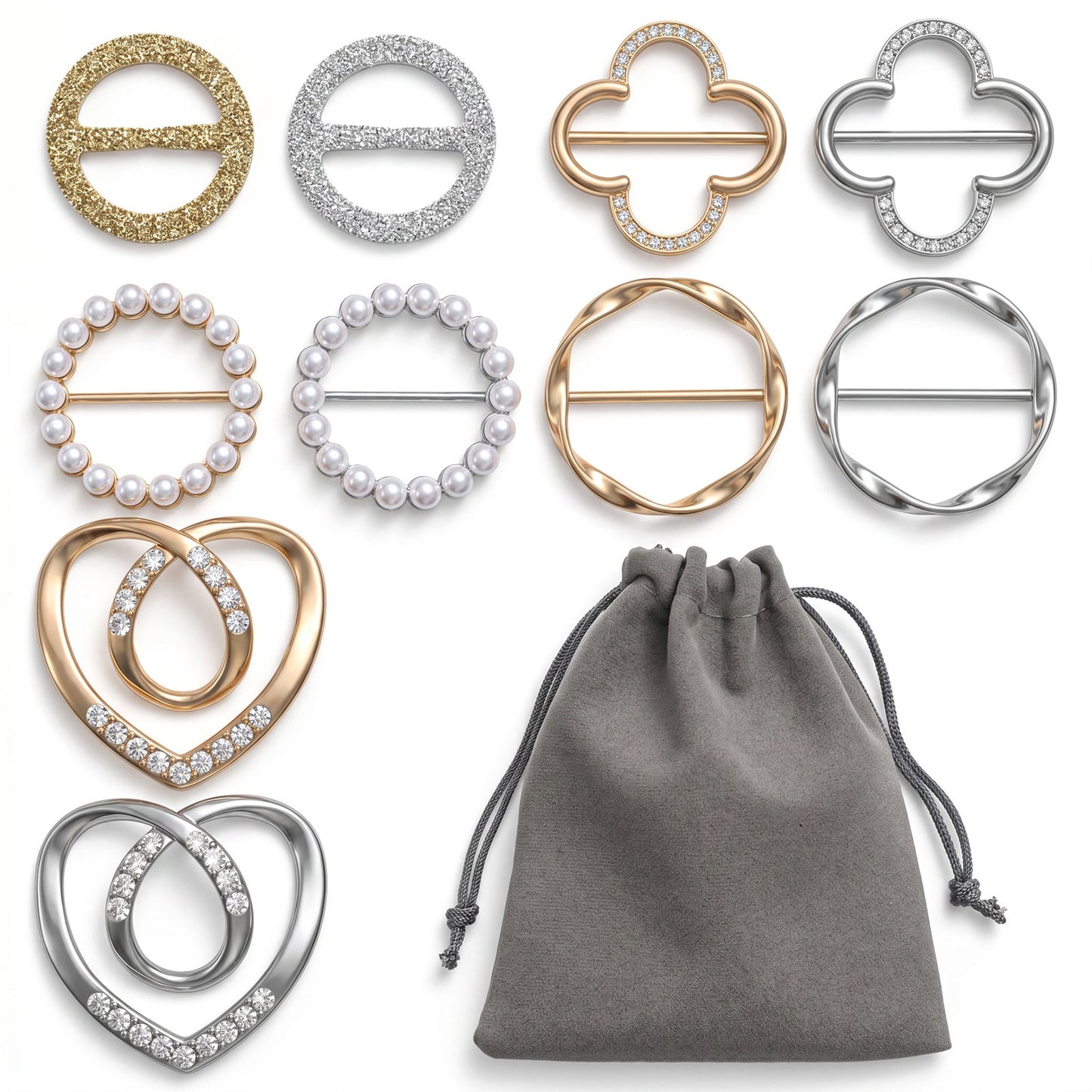 Matwsec 10 PCS Scarf Rings Shirt Ties Clips for Women Pearl Heart T-Shirt Clips with 1 Storage Bag for Dress Silk Scarf Clothes Hat Belt