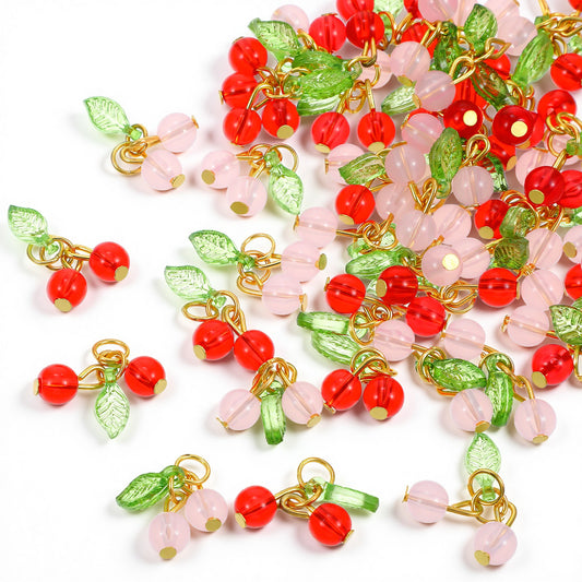 Xinjoduz 50 PCS Cherry Charms for Jewelry Making Glass Fruit Beads Mini Cute Sweet Cherry Charms Pendant Vivid 3D Pendants Bead Charm Bracelet Necklace Earrings DIY Crafts Women (Red Pink)