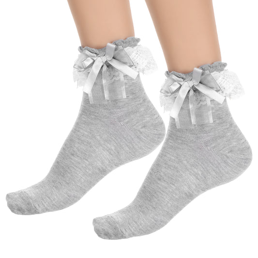 Tyqour 1 Pair Grey Ruffle Frilly Socks Women, Lace Socks for Women Ankle Ruffle, Lolita Vintage Style, Soft Polyester, Comfortable and Breathable for All Seasons