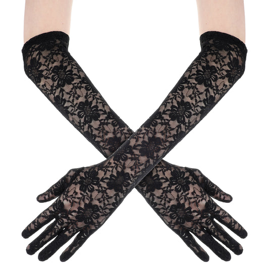 Teaaha 1 Pair Black Long Lace Gloves for Women, Floral Lace Gloves Long Lace Gloves Womens Lace Gloves Opera Gloves, Elbow Length Fingerless Gloves for Weddings, Parties, Formal Events (Black)