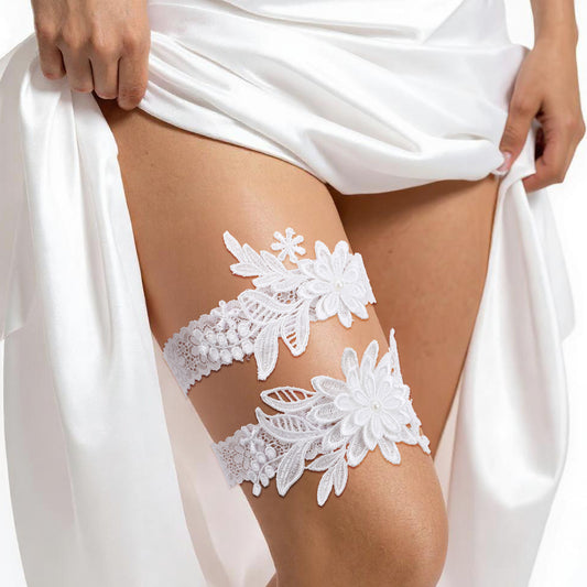 Teaaha 2PCS Lace Wedding Garter for Bride, White Garter Belt with Bowknot, Sexy Thigh Garters for Women, Legthigh Garters Belt for Wedding, Party, Gifts for Women and Girls