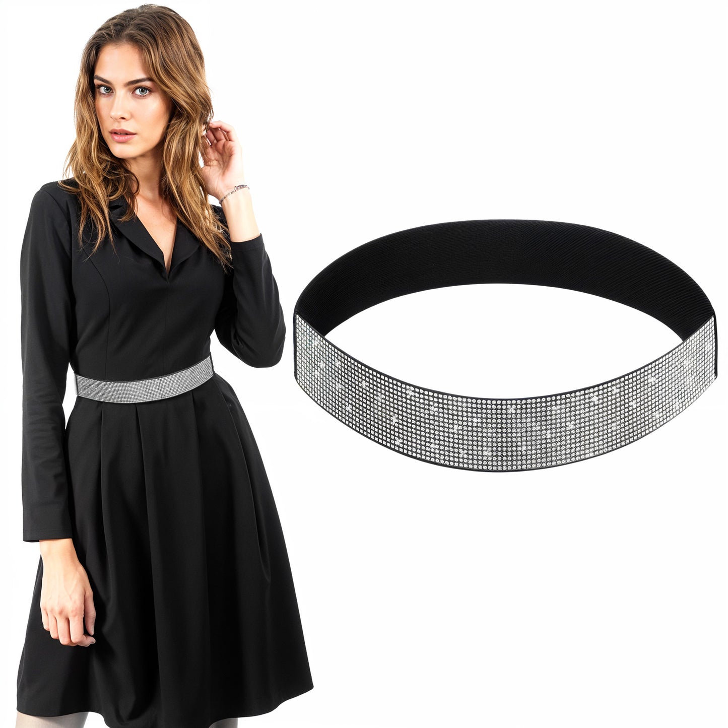 Teaaha Silver Belt Rhinestone Elastic Sequin Belts for Women, Stretch Wasit Belt Waistband Elegant Crystal Wedding Belts for Formal Dress