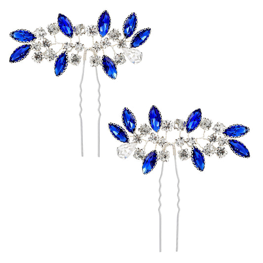 2 Pcs Crystal Bridal Hair Pins, Silver Pearl Bridal Hair Pieces Flower Accessories Elegant Blue Rhinestone Wedding Accessories, Sparkling Hairs Pieces for Women and Girls