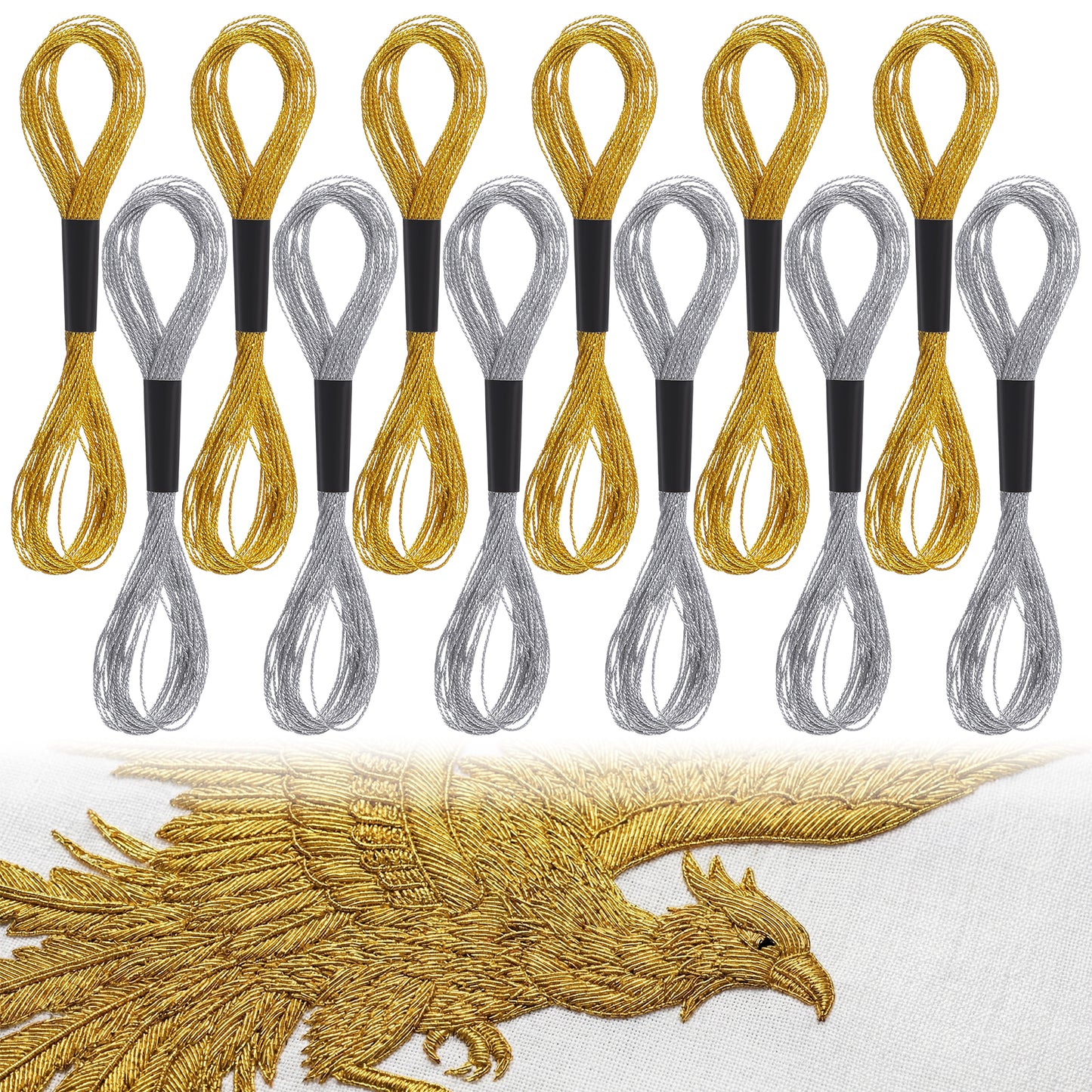 Matwsec 12 Skeins Gold Embroidery Thread 105 Yards Metallic Embroidery Floss Silver Cross Stitch Thread for Hand Crafts DIY Art Sewing Supplies (8 M 12 Strands Gold+Silver)