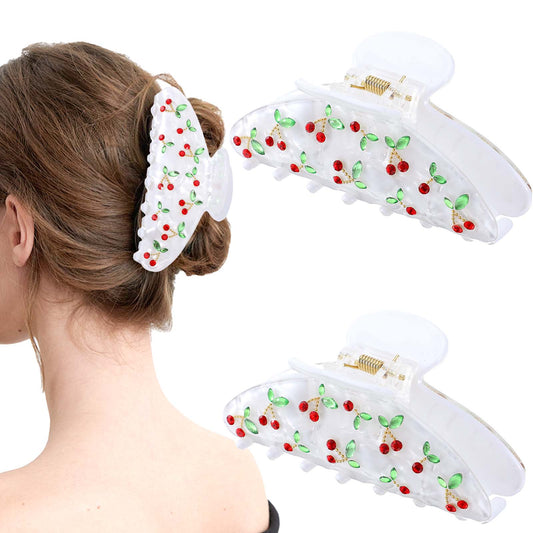2 PCS Acrylic Hair Clips Claws for Women, Claw Clips with Rhinestone Red Cherry, Hold Hair Accessories for All Types, Fashionable Hair Fix Clips