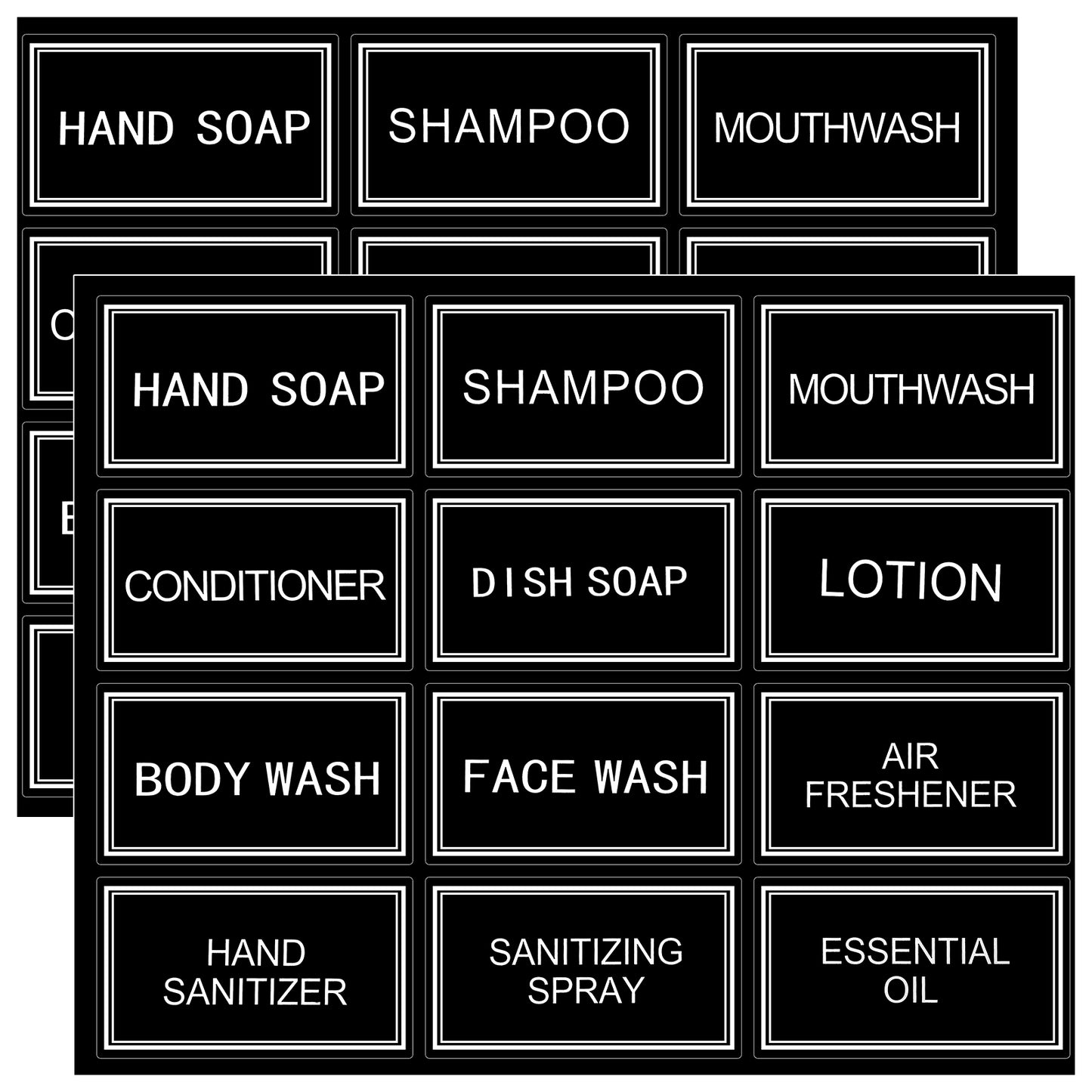 Mabor 24Pcs Waterproof Labels for Bottles, Bathroom Hand Soap Dispenser Stickers, Removable Shower Shampoo Conditioner Organizer, Black