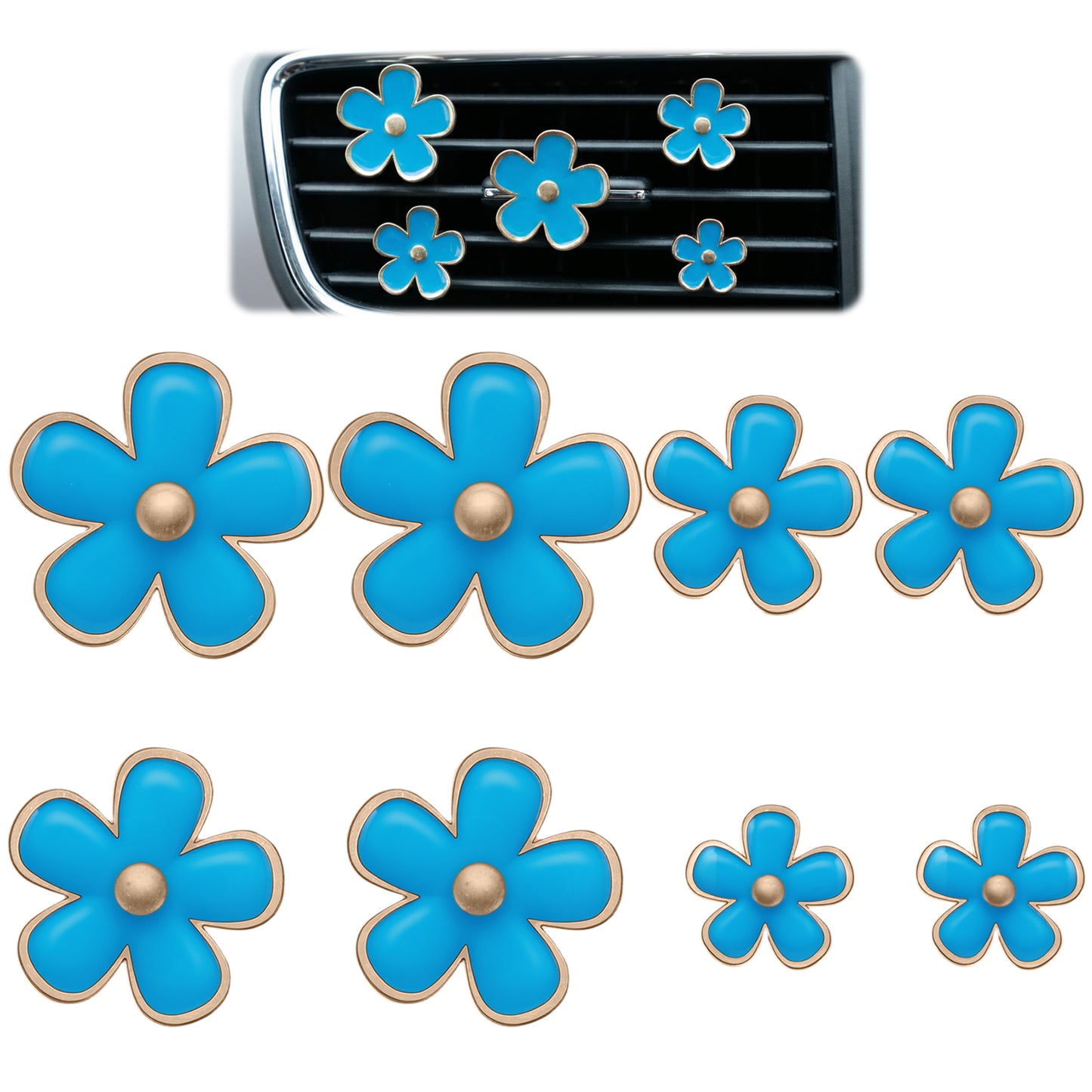 Sorcristy 8PCS Car Vent Clips Cute Flower Air Vent Clips Blue Daisy Car Air Freshener Clip Interior Decor Accessories for Women (Blue, 3.4cm 3cm 2.3cm 1.2cm)