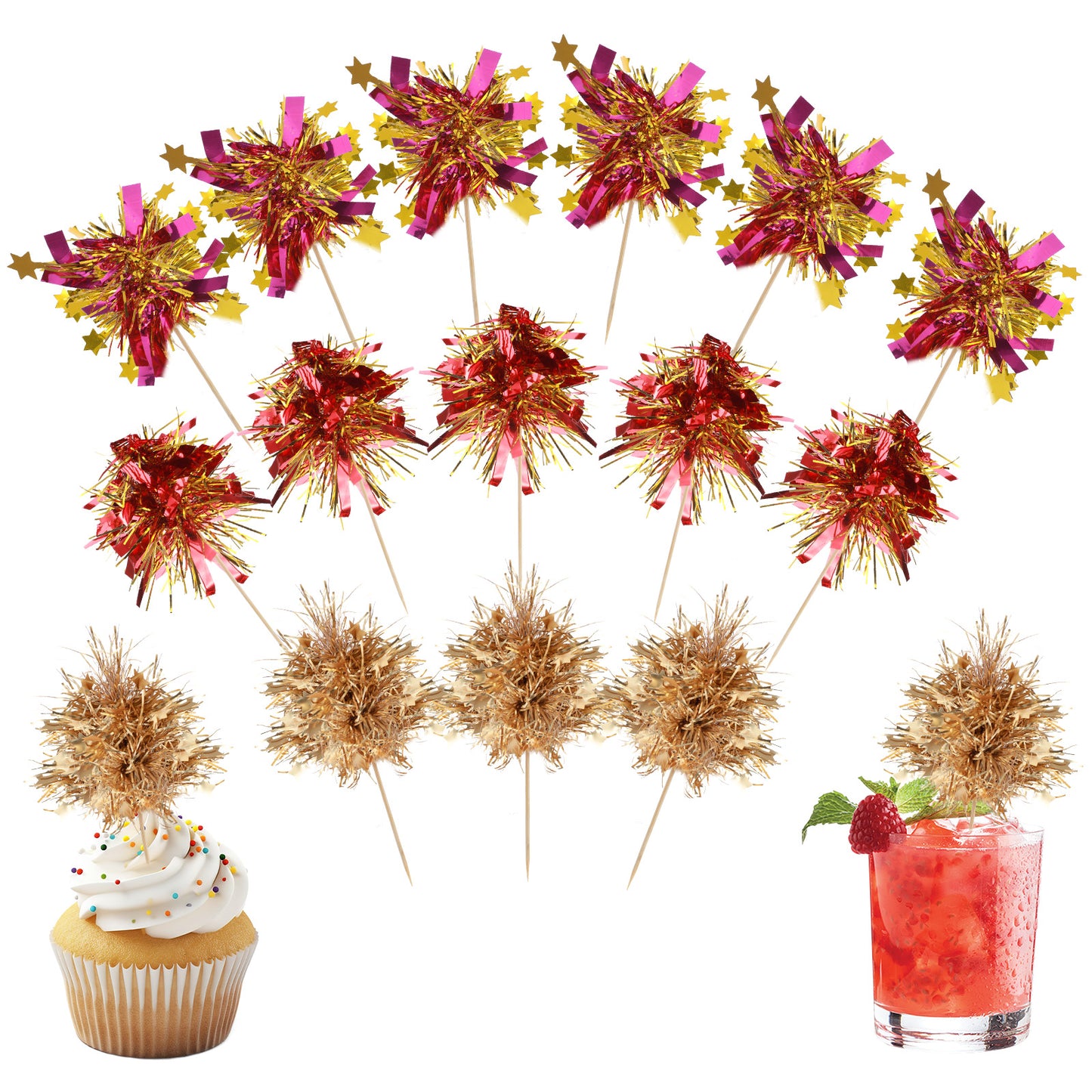 40Pcs Foil Firework Cupcake Toppers,Sparkle Tinsel Cake Toppers,Sparkle Tinsel Cocktail Fruit Toothpick,Toothpicks Topper For Baby Shower Birthday Wedding Graduation Party Supplies Gold