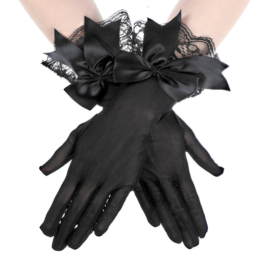Teaaha 1 Pair Women Lace Gloves, Black Lace Gloves Short Mesh Gloves with Bow, Dress Gloves for Women Vintage Dress Gloves for Ladies, Girls for Party, Wedding, Prom, Evening, Sun Protection, Funeral