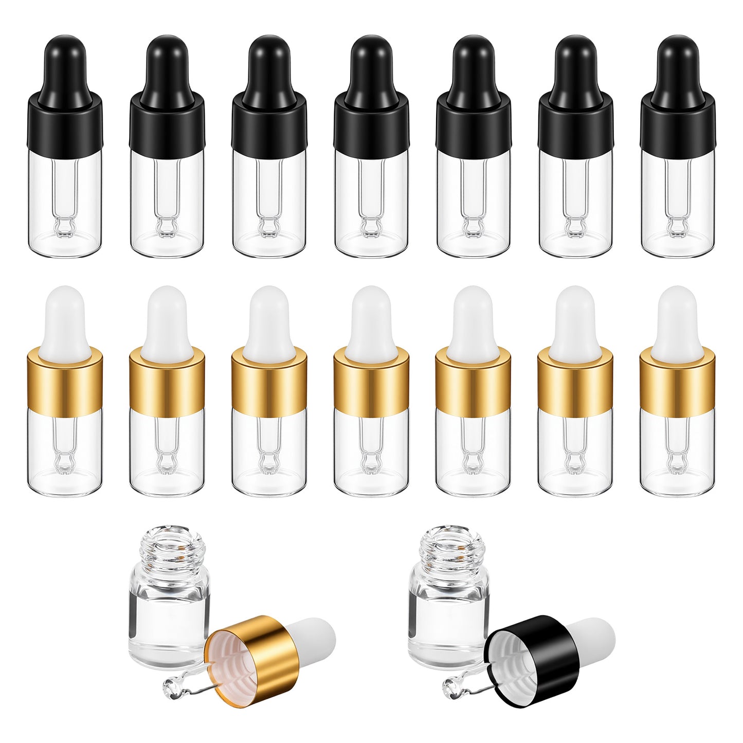 14 Pack Mini Pipette Dropper Bottle for Cuticle Oil, Glass Small Clear Sample Essential Oil Dropper Travel Liquid Bottles, Empty Vails Containers for Cosmetic Perfume (2 ml Gold + 3 ml Black)
