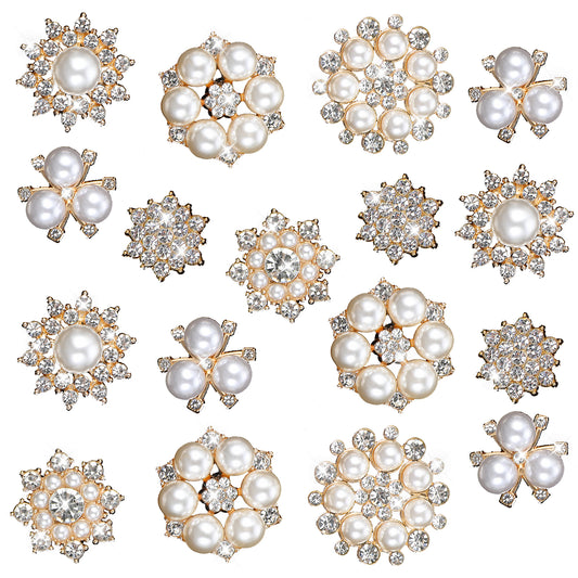 18PCS Rhinestone Pearl Buttons Sparkle Assorted Small Crystal Snowflake Flower Brooch Pins Silver Crafts Charm Embellishment, Wedding Bouquet Brooches for Women DIY Clothes Bags Shoes Decoration