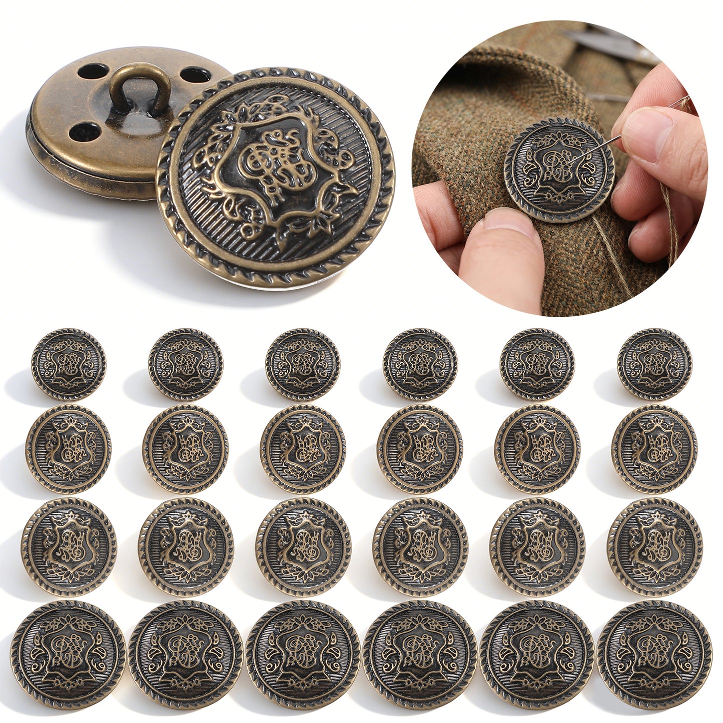 24Pcs Black Silver Buttons Antiqued Blazer Buttons Metal Brass Button Vintage Suit Jacket Button for Men Coat Suits Uniform (15mm 18mm 20mm 23mm)