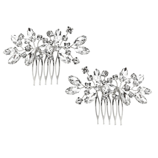 2Pcs Bridal Hair Accessories Wedding Hair Accessories Rhinestone Silver Piece Bridal Tiara Silver Flower Headpieces Combs Headband for Women and Girls