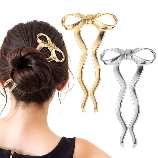 2Pcs Bow Hair Pins Metal French Hair Pin U Shaped Updo Metal Hair Pins For Long Thick Hair Large Bow 2 Long Prong Bun Twist Hair Sticks French Twist Hair Pin For Women Buns Hair Styling Accessories