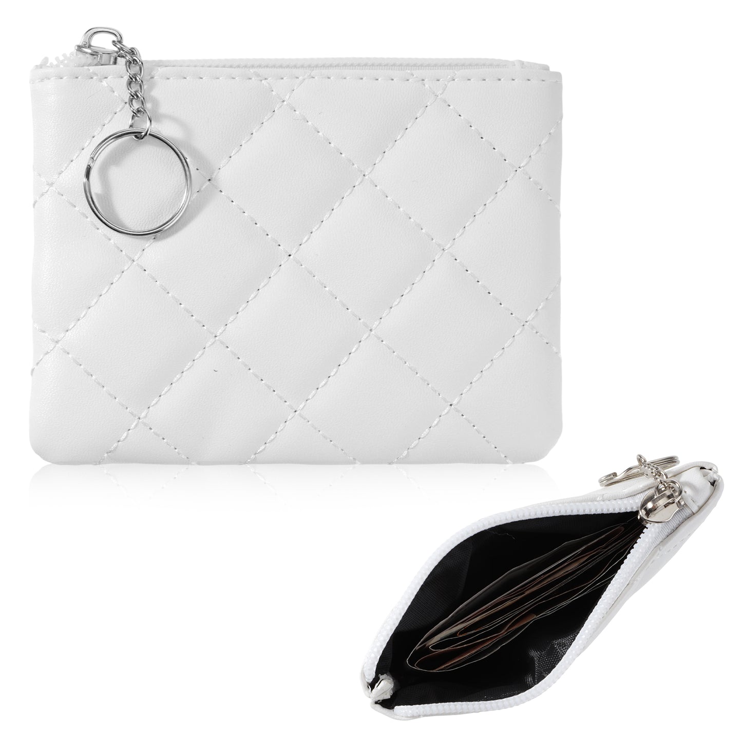Ymapinc Coin Purse for Women Small Coin Pouch Mini Zipper Pouch White Rhombus PU Leather Portable Zippered Mini Bag with Keyring for Women Girls