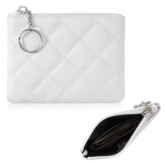 Ymapinc Coin Purse for Women Small Coin Pouch Mini Zipper Pouch White Rhombus PU Leather Portable Zippered Mini Bag with Keyring for Women Girls