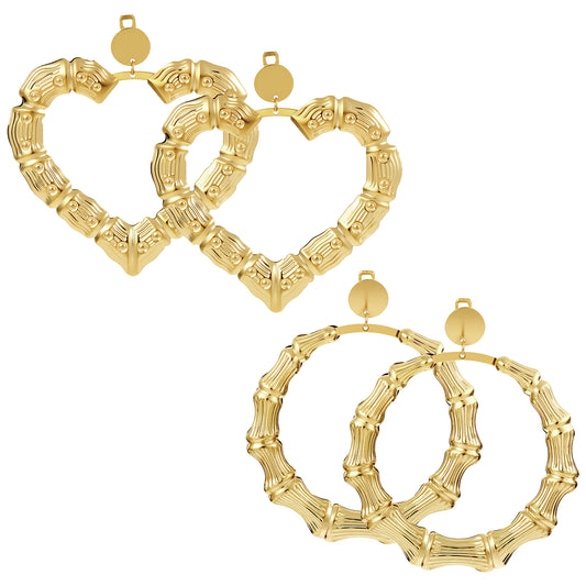 2 Pairs Bamboo Hoop Earrings for Women Big Gold Heart Earrings 80s 90s Door Knocker Earring Trendy Hip Hop Jewelry Clothing Accessories Large Round Hearts Design Fit Ladies Mother Festival Gifts